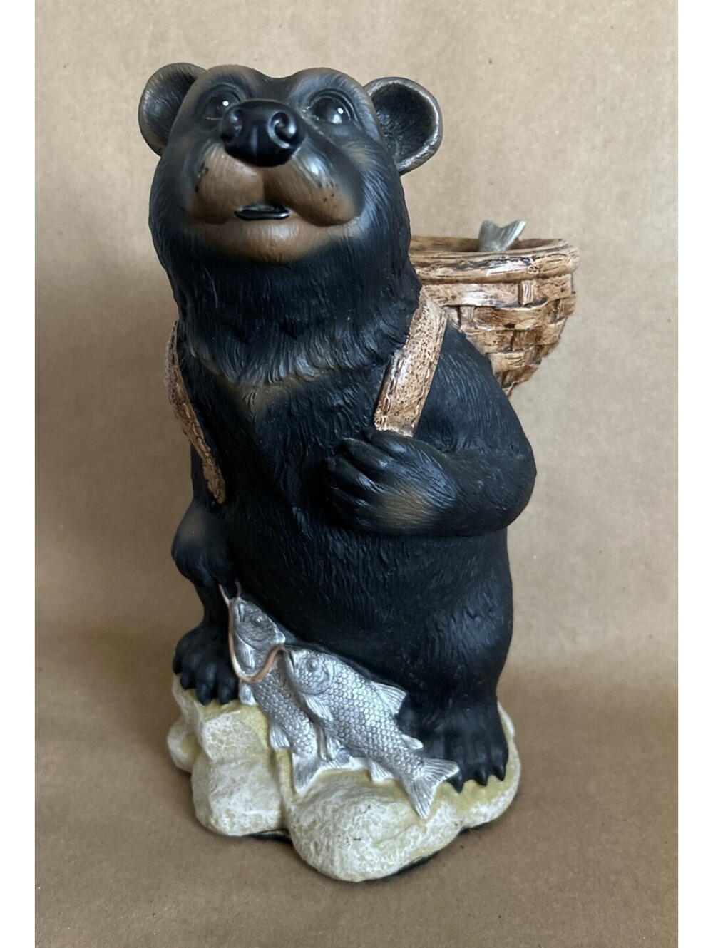 Art Line Resin Bear with Fish Basket, 11" high, Garden or Shelf Ornament